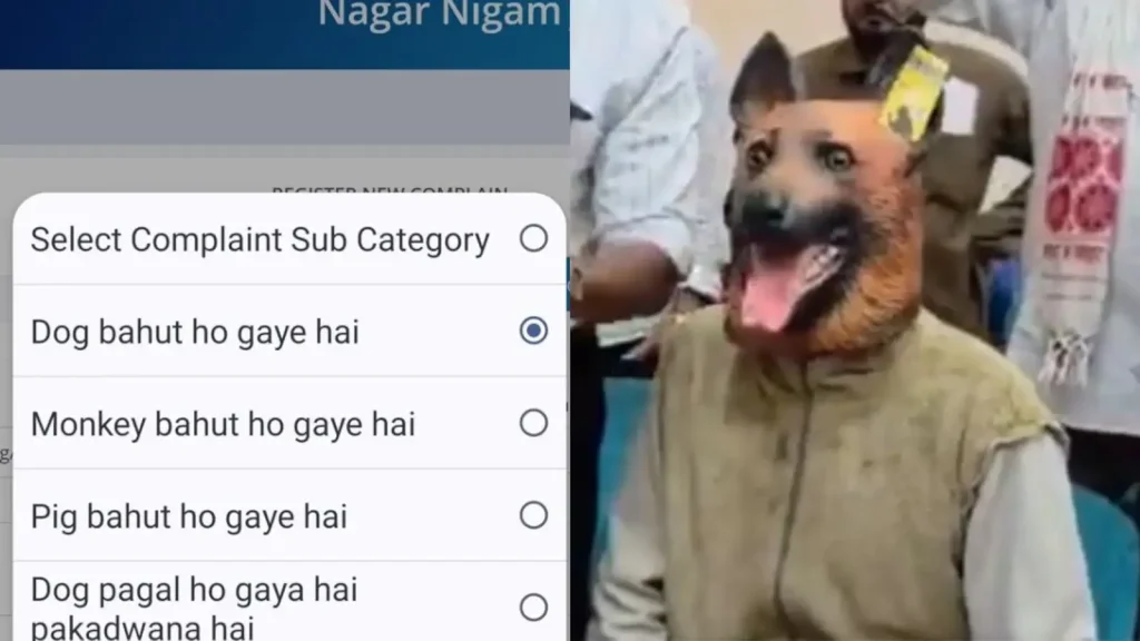 A protest involving a man wearing a dog mask at a public grievance hearing in Madhya Pradesh's Khandwa