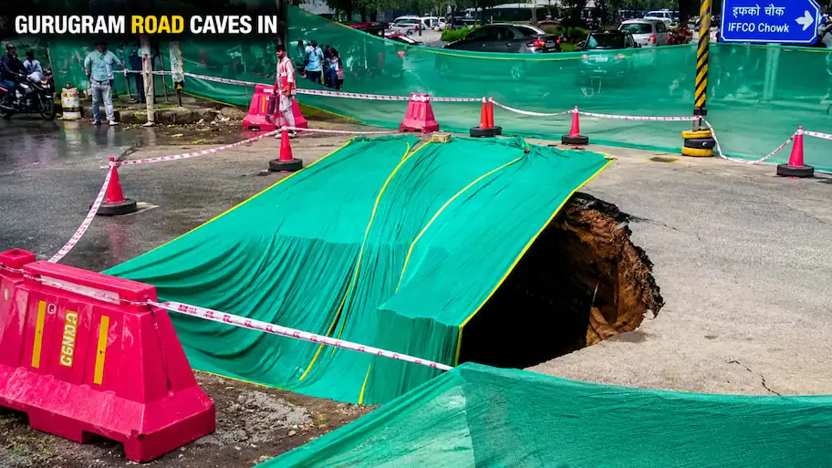 Heavy monsoon rainfall has led to the collapse of a crucial road at IFFCO Chowk in Gurugram