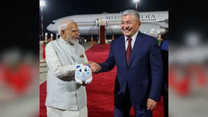 Prime Minister Narendra Modi was warmly welcomed by the Indian community in Bishkek on Sunday