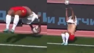 Football's wildest throw-in? Defender somersaults over ball before launching spectacular assist from the