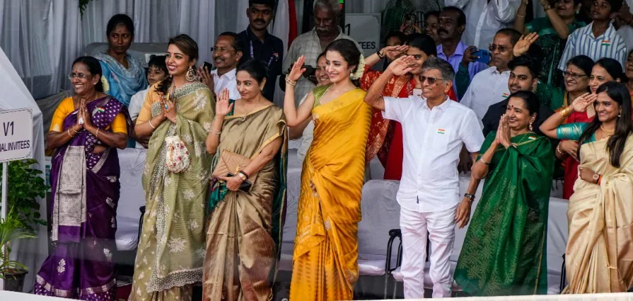 In a sharply critical editorial in the DMK's official mouthpiece, Murasoli, the party has questioned the two - Vijay and Trisha - exchanging salutes and the seating arrangement for the actor during the official programme.