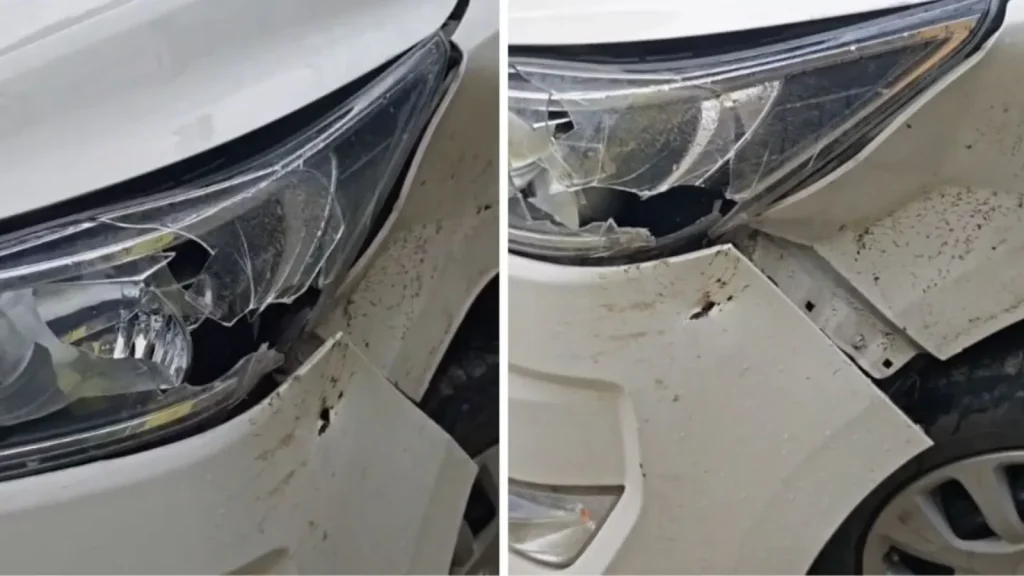 BJP leader Anil Baluni had a close shave on Friday morning as a boulder fell on his car in Uttarakhand