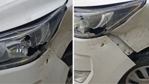 BJP leader Anil Baluni had a close shave on Friday morning as a boulder fell on his car in Uttarakhand