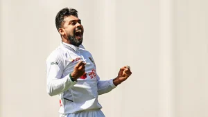 Bangladesh spinner Mehidy Hasan Miraz 's delivery to dismiss Australia's Beau Webster during the first
