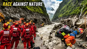 This heavy debris choked narrow river channels at the confluence of China's Chochen River