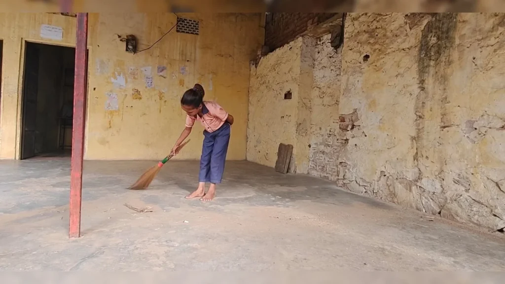 Other Side Of Schooling In Rajasthan — Classes In Cowshed, Little Girl Sweeping