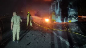 The accused allegedly abandoned the bus and fled after it caught fire