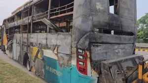 Visuals showed the bus completely charred and engulfed in flames as fire brigade teams