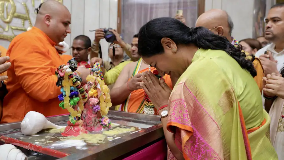 Delhi Chief Minister Rekha Gupta offered prayers at the ISKCON Temple on Friday on the occasion