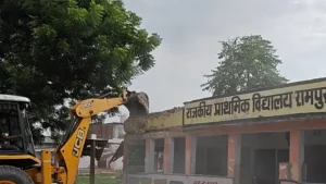 Bulldozers could be seen demolishing the primary government school in Rampura Kanwarpura