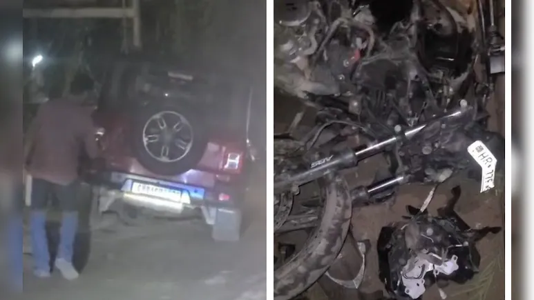 Two men riding a motorcycle were injured after a Mahindra Thar being driven by a woman hit
