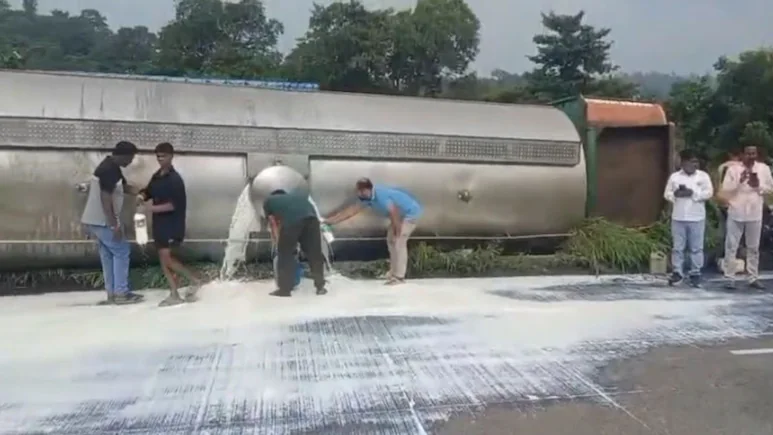 Video: Milk Flows On Highway After Tanker Overturns In Maharashtra