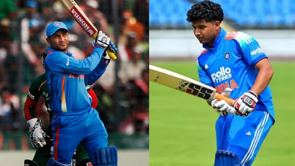 Son of legendary India opener Virender Sehwag, Aaryavir produced a fiery 48-ball 47 with nine