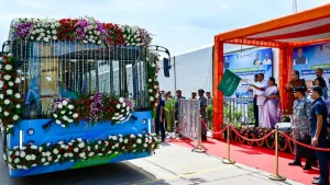 Delhi CM Rekha Gupta flags off 50 electric buses, introduces Delhi-Rewari e-bus service