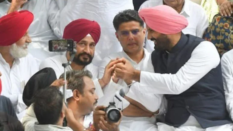 At Tuesday's protest, when Channi's name was announced from the stage, Congress workers raised