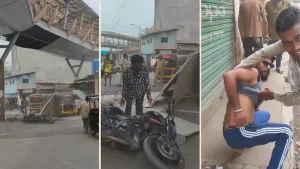 Two men, one on a motorbike and the other on an auto-rickshaw, were injured when a heavy iron