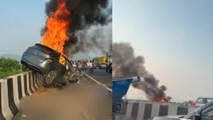 Four people were killed after their electric vehicle caught fire following a collision