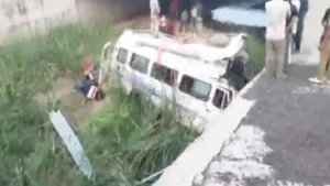 At least eight persons died and 17 were injured after a traveller bus overturned and fell
