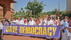 With posters in hand, the Opposition MPs from INDIA bloc are raising slogans against Chief