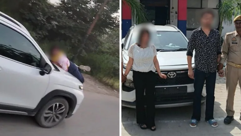 Woman Catches Husband Eating Momo With Girlfriend, He Drags Her On Car Bonnet