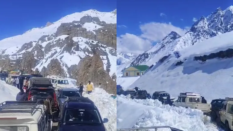 White 'Traffic Jam' At 14,500 Feet, Cars Queue Up In Snow-Covered Adi Kailash